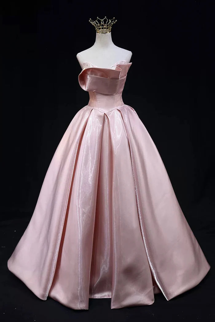 Pink Strapless Satin Long Prom Dress, Beautiful A-Line Evening Party Dress